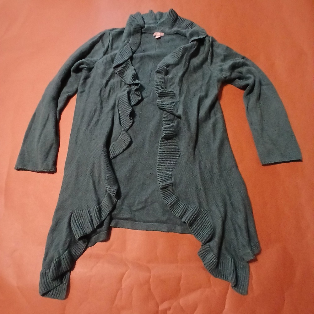 J Jill Long Cardigan Women Medium Hunter Green Open Front Waterfall Ruffle